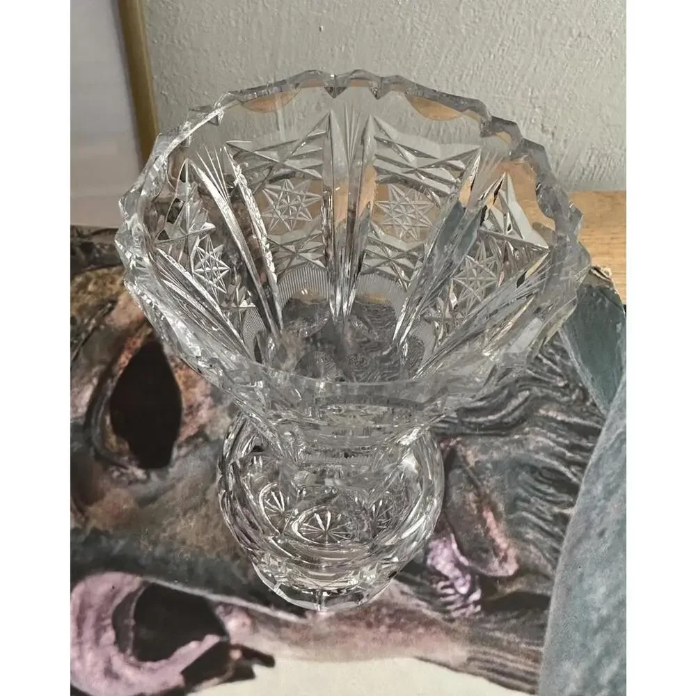 Vintage Etched Clear Cut Crystal Lead Vase Hand Cut Heavy Weight